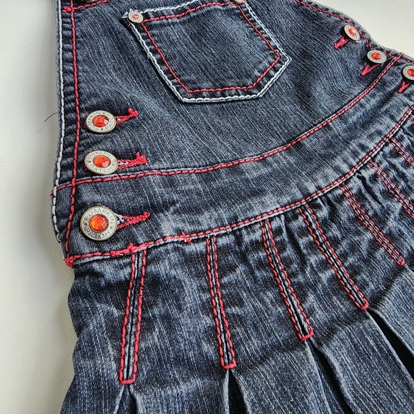 Dark Blue Denim Overalls with Pleated Skirt and Adjustable Straps - Picture 2 of 9
